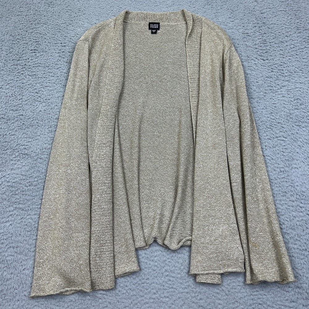 Eileen Fisher Cardigan Sweater Melange Linen Grain Knit Placket Beige Large‎